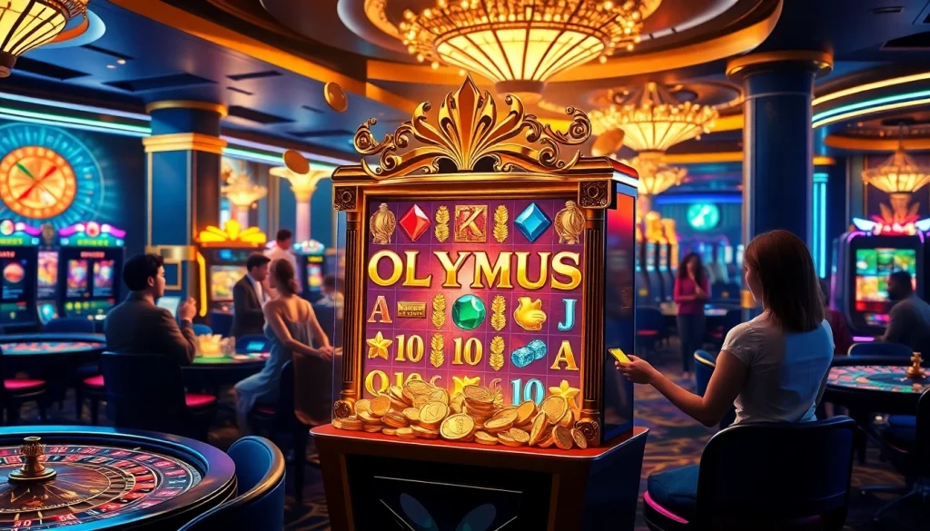 Para pemain berinteraksi dengan mesin slot Olympus yang mendebarkan di lingkungan kasino yang ramai.