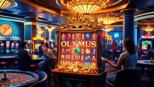 Para pemain berinteraksi dengan mesin slot Olympus yang mendebarkan di lingkungan kasino yang ramai.