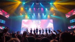 BTS news featuring their electrifying concert performance with vibrant lights and a cheering crowd.