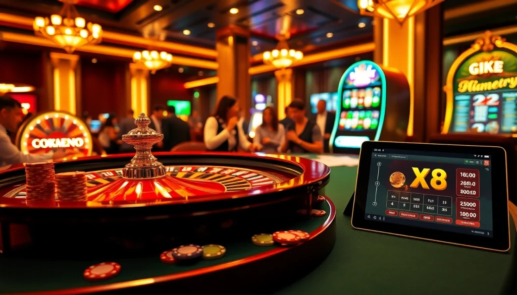 Engaging casino scene showcasing BK8 เว็บตรง with roulette, poker cards, and slot machines.