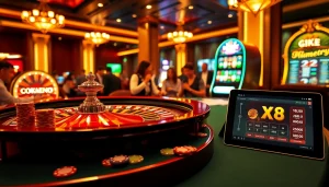 Engaging casino scene showcasing BK8 เว็บตรง with roulette, poker cards, and slot machines.