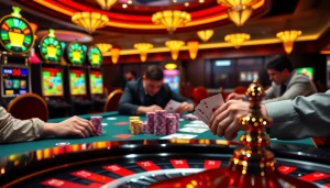 Experience the thrill of "depo 5k" as players engage in exciting casino games with vibrant poker chips and slot machines.