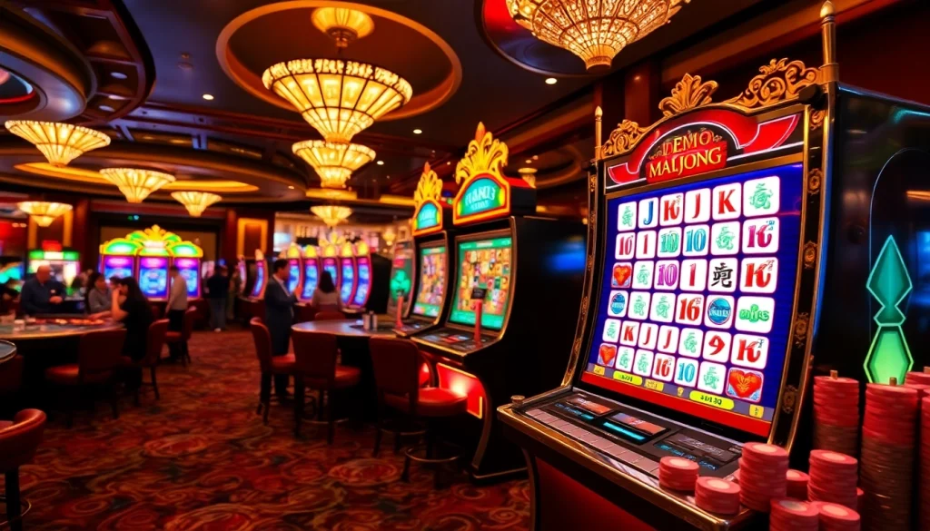 Engaging players enjoying a slot demo mahjong experience in a vibrant casino atmosphere.