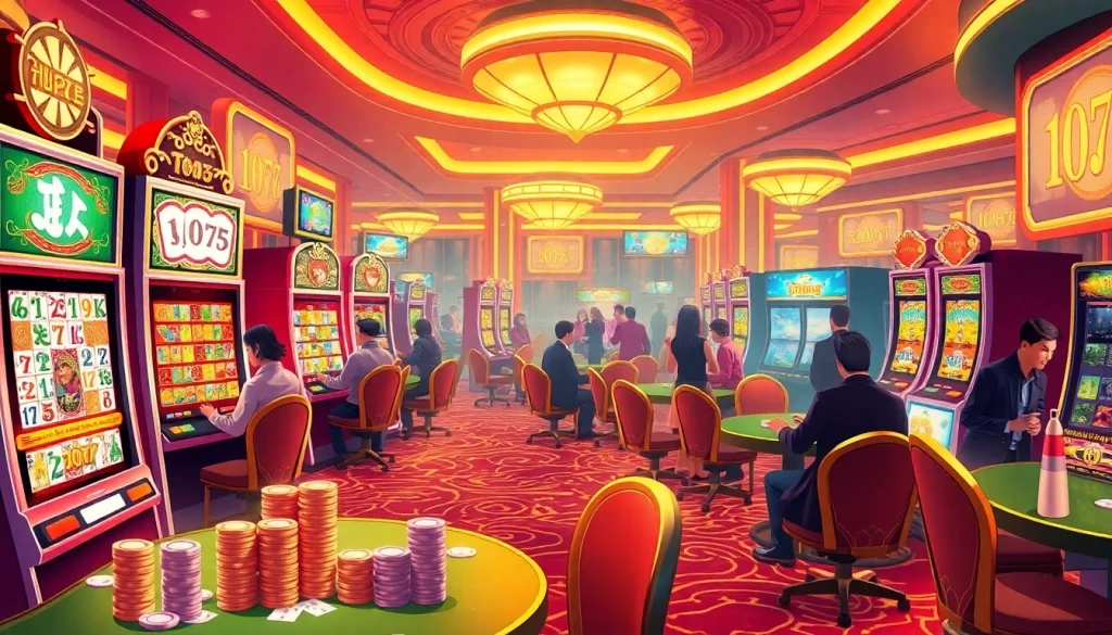 Experience the excitement of mahjong slot demo gameplay with vibrant slots and engaged players in a casino atmosphere.