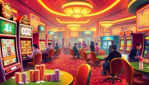 Experience the excitement of mahjong slot demo gameplay with vibrant slots and engaged players in a casino atmosphere.