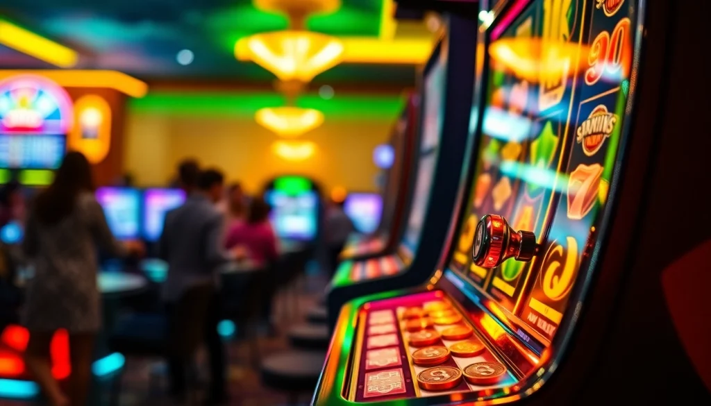 Slot depo 1k menarik perhatian dengan mesin slot yang penuh warna dan nuansa kasino yang menggembirakan.